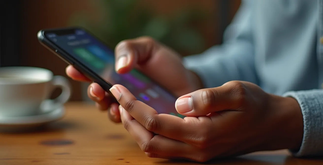 Main tapant un message de don sur smartphone avec environnement chaleureux