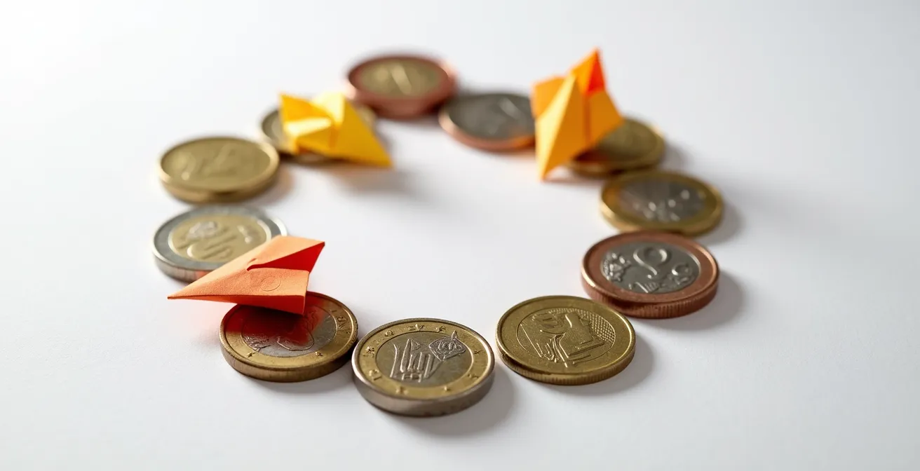 Pièces de monnaie et symboles d'impact social en composition artistique