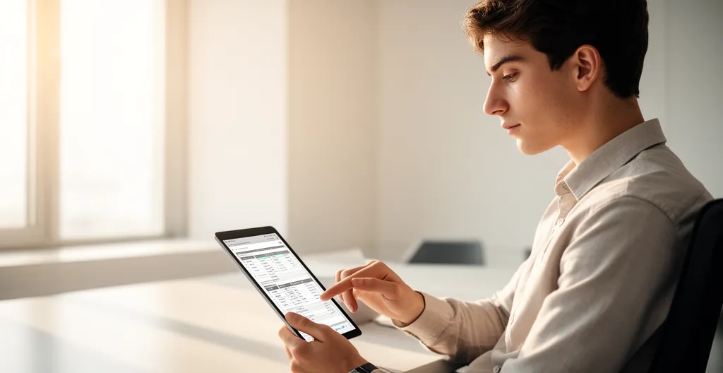 Personne vérifiant un dossier de transmission sur tablette numérique