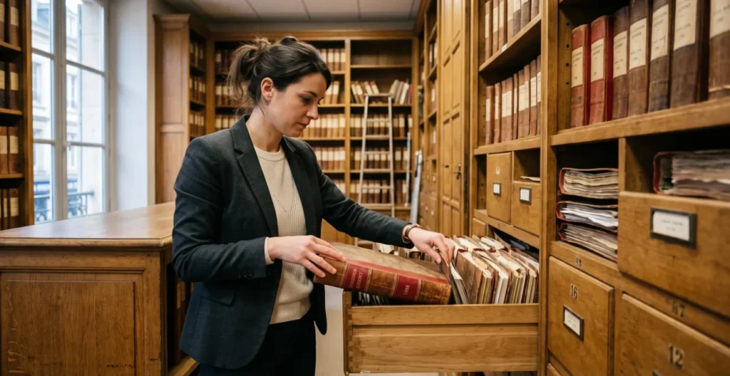 Clerc de notaire classant des dossiers de succession dans les archives d'une étude notariale française Clerc de notaire classant des dossiers de succession dans les archives d'une étude notariale française
