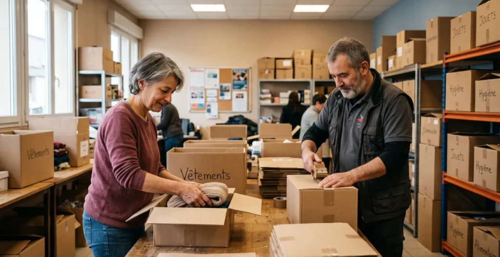 Bénévoles d'une association caritative française organisant des dons et préparant des colis d'aide dans leur local Bénévoles d'une association caritative française organisant des dons et préparant des colis d'aide dans leur local