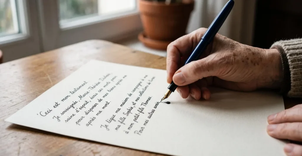 Main d'une personne écrivant à la main un testament olographe avec un stylo plume sur papier blanc, texte en français visible Main d'une personne écrivant à la main un testament olographe avec un stylo plume sur papier blanc, texte en français visible